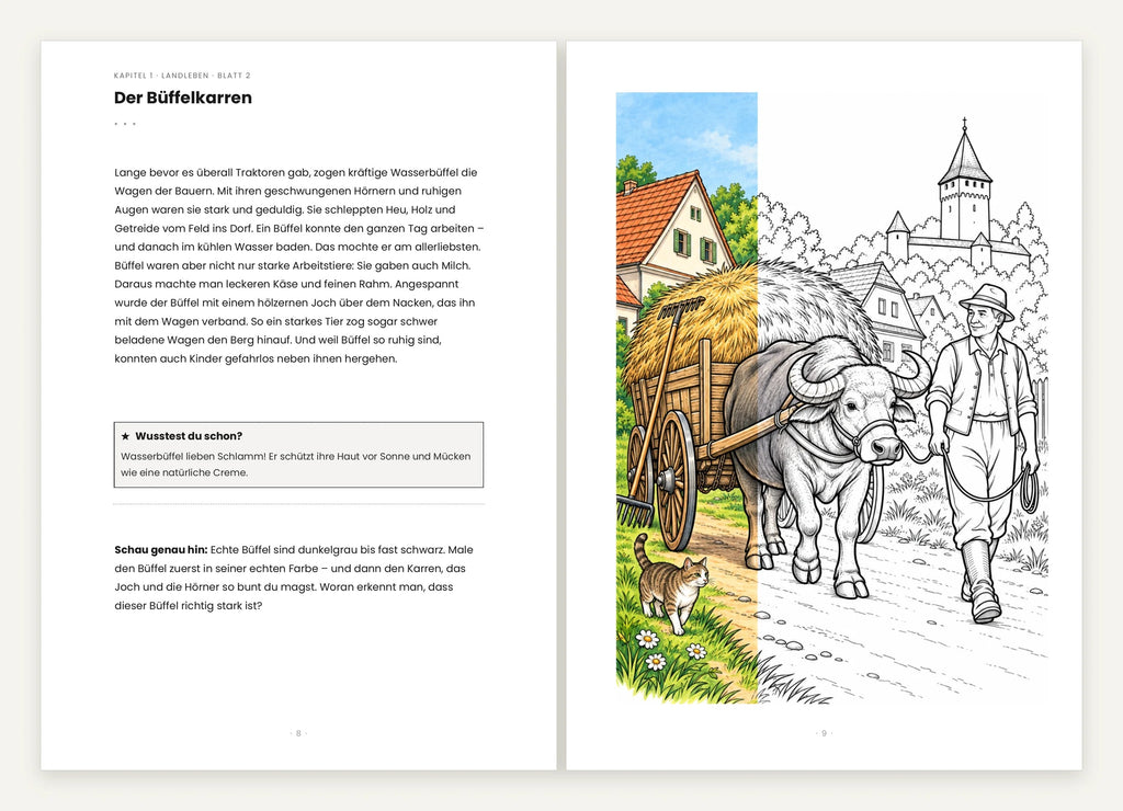 Aufgeschlagene Doppelseite: links die Wissensseite „Der Büffelkarren“, rechts das Ausmalbild mit Büffelgespann vor einer Kirchenburg