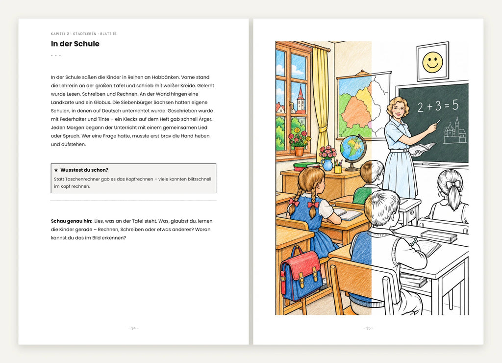 Aufgeschlagene Doppelseite: links die Wissensseite „In der Schule“, rechts das Ausmalbild einer Schulklasse mit Lehrerin an der Tafel